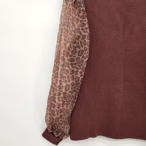 Anthropologie DOLAN Leopard Print Sheer Puff-Sleeve Brown Sweater Women's M - Picture 10 of 11